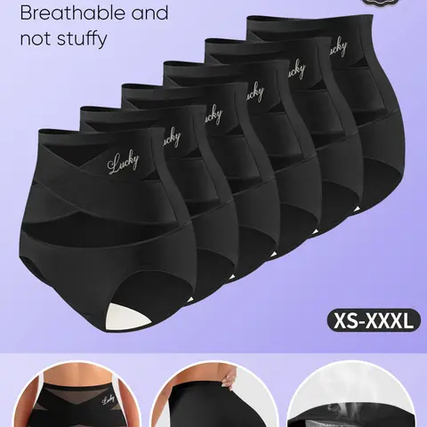 6-Pack Mei Yating High-Waist Mesh Underwear, Lucky Letter Print, Soft Breathable Fabric, Stretchy Comfort, Sizes XS-Xxxl, All Seasons, High Waisted Panties