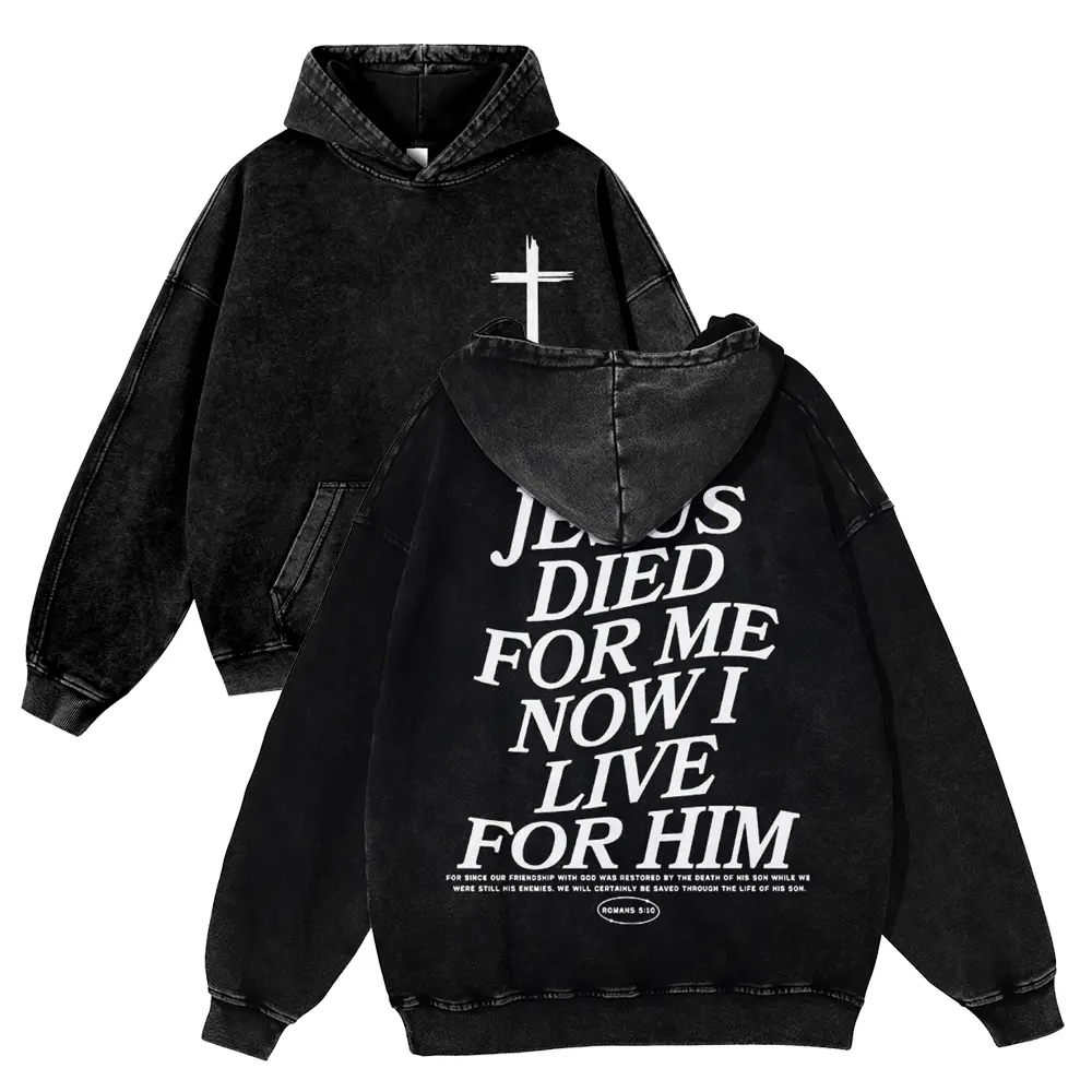 Men's Vintage Washed Cotton Fabric Oversized Hoodie - Christian "Jesus Died For Me" Cross Graphic Casual Pullover Tops, Unisex Fit Streetwear