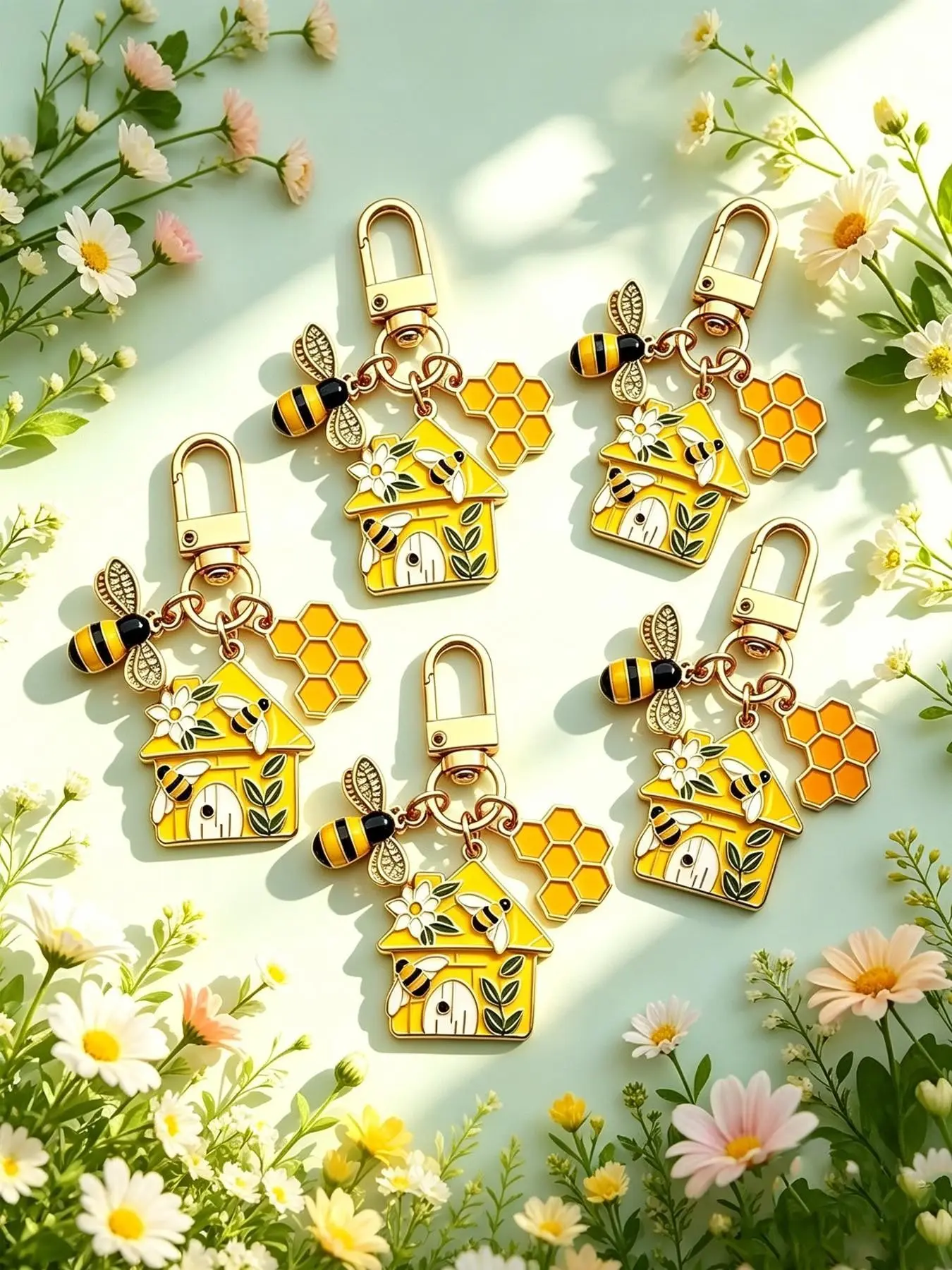 Cute Bee Hive House Keychain Enamel Metal Honeycomb Rhinestone Bee Bag Charm Mini Spring Snap Carabiner Yellow Floral Cottagecore Backpack Purse Pendant Lovely Birthday Holiday Gift For Teen Girls Women