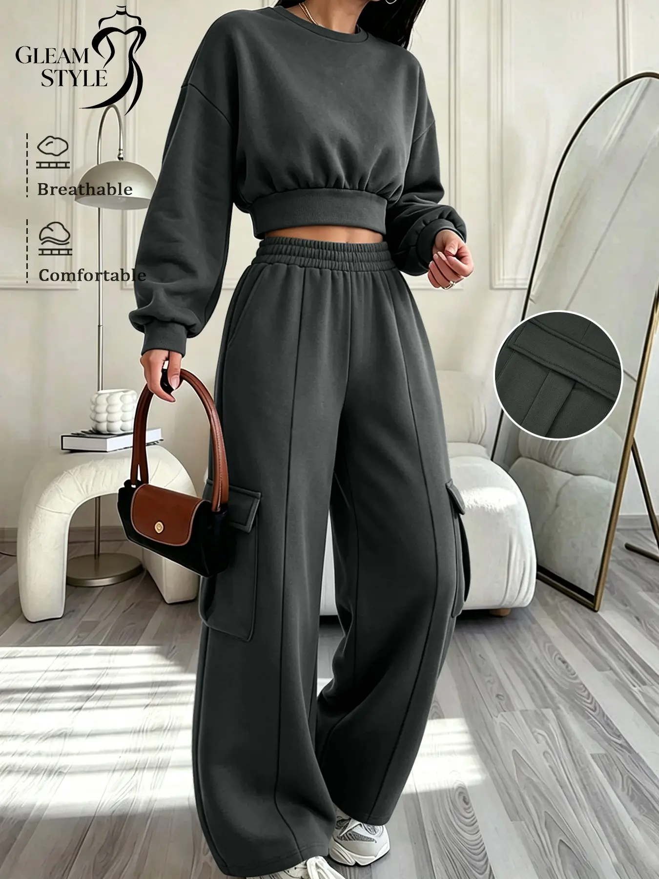 Winter New Style Streetwear Round Neck Short Sleeve Sweatshirt and Cargo Pants Set for Women, Fit, Trendy Casual for Daily Wear