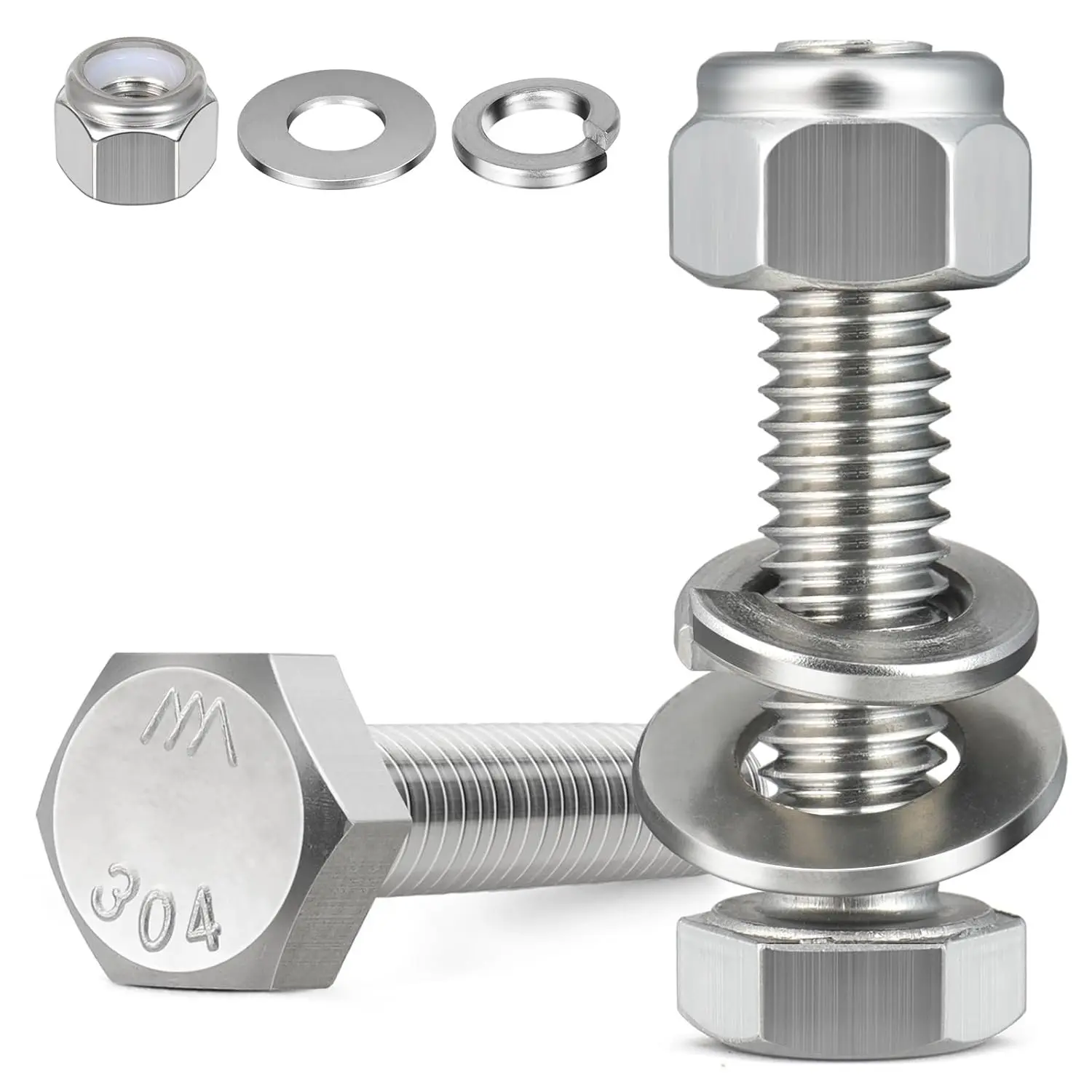 12 Sets 1/4-20 x 2 Hex Head Screw Bolt Kit with Lock Nuts, Flat & Lock Washers, 304 Stainless Steel 18-8 Fully Threaded