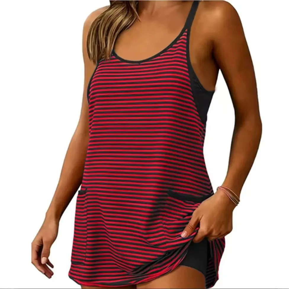 Women's Striped Tank Dress with Pockets, Sleeveless Casual Summer Dress with Built In Shorts, Comfortable Layered Look Mini Dress for Beach Vacation, Travel, Shopping and Daily Wear