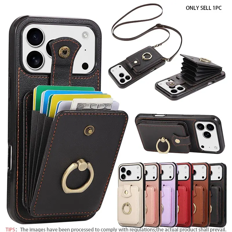 Crossbody suitable for multiple models of iPhone 17 16 15 14 13 12 11Pro Max wallet Protective smartphone case Cover, TPU Smartphone Cover, Accessories, with storage card slot, 360 degree rotating ring holder, anti RFID, shockproof design, gift for women