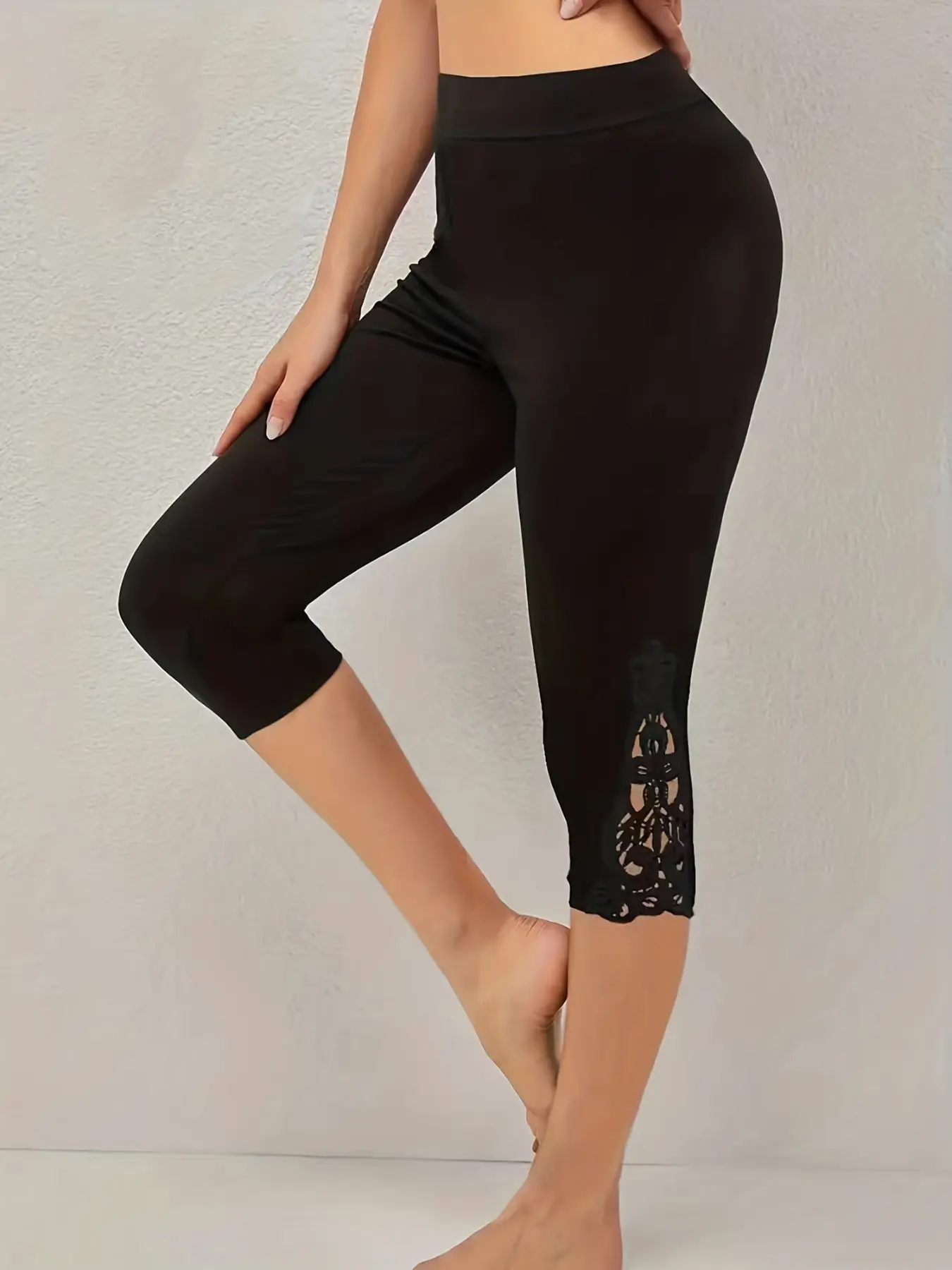 High-Waisted Elegant Lace Trim Seven-Quarter Pants, Casual High Rise, Perfect for Casual Outings, Stylish and Comfortable, Ideal for Everyday Wear, Casual Style Bottoms