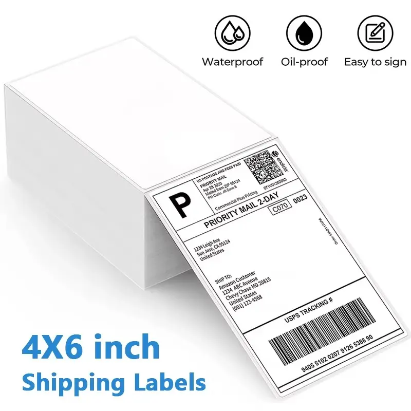 4x6 Inch Thermal Label Paper 100/500 Sheets with Adhesive, Heat Sensitive Shipping Labels for Dhl Ups, Printable Logo Barcode Labels