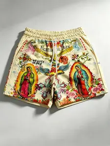 Men's Fashion Streetwear Floral Print Shorts, Creative Faith Element Design, Comfortable Versatile Loose-Fit Pants for All Seasons