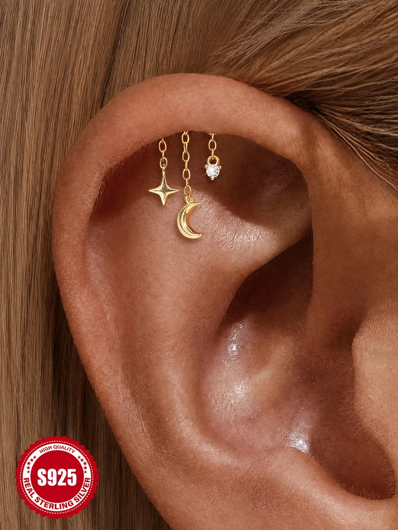 18K Gold Plated Single Piece S925 Sterling Silver Star and Moon Tassel Earrings | Pave Diamond Celestial Cartilage Piercing Jewelry | Internally Threaded Screw Back Stud