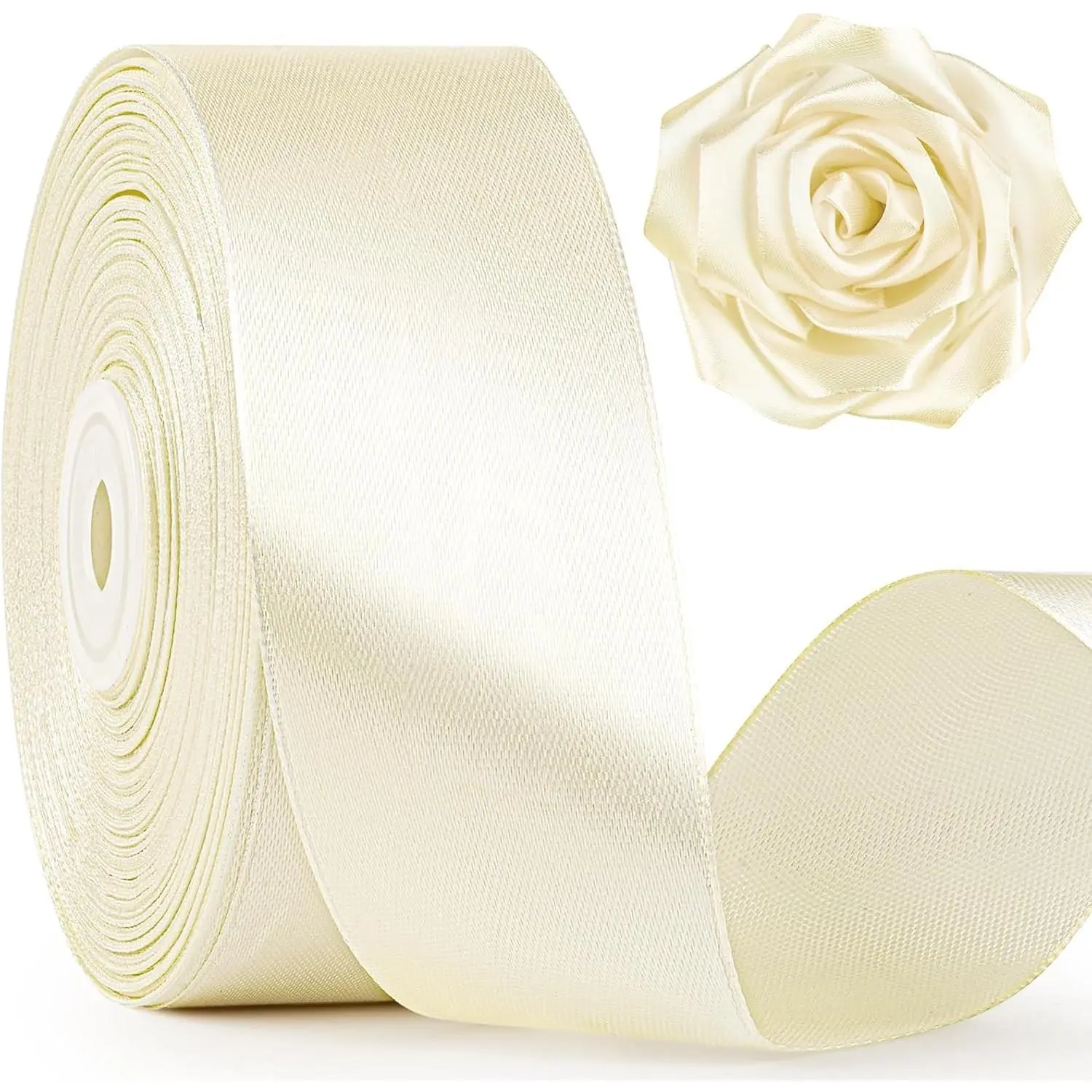 1-1/2 Inch Wide Ivory Satin Ribbon, 50 Yards Solid Polyester Fabric Ribbon for Roses Making, Gift Wrapping, Flower Bouquets, Wedding Decorations, Handmade Crafts