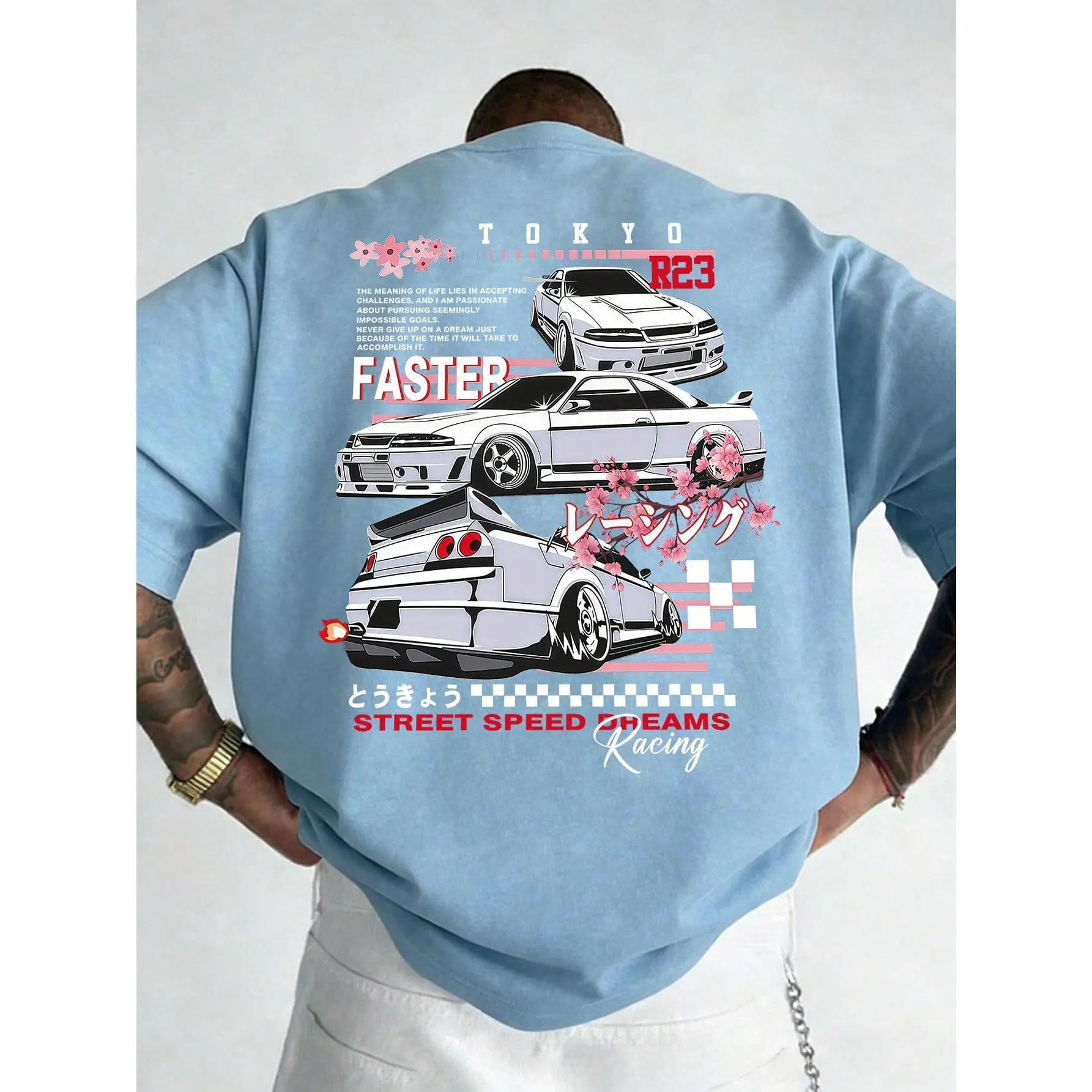 Tokyo JDM Racing Graphic Tee Vintage Wash Acid Wash Heavyweight Premium Cotton Tshirt Front Small Logo Back Print Japanese Car Drift T Shirt Women Short Sleeve Crewneck Top Best Gift Men Loose Casual Top Oversized