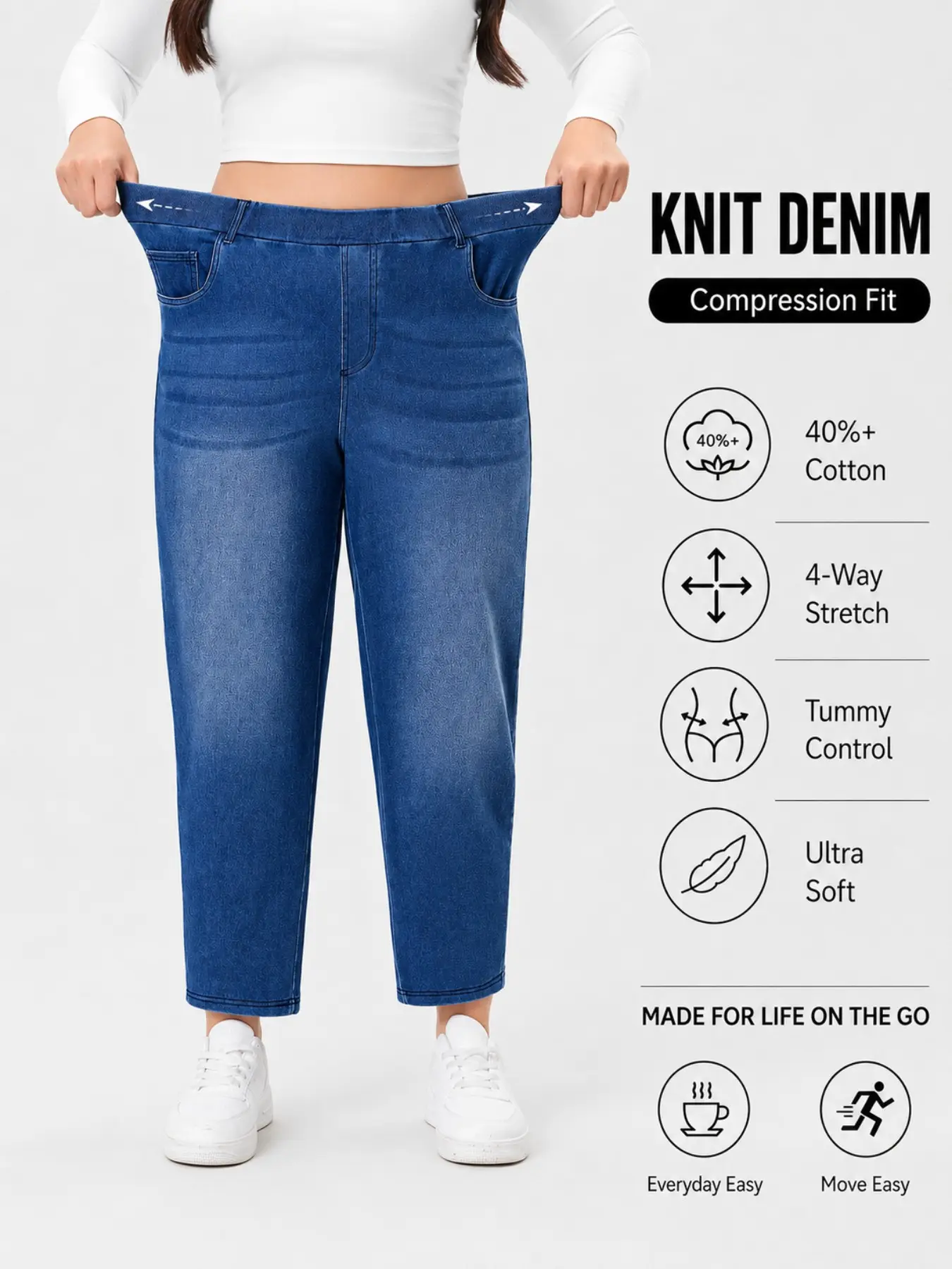 Plus Size Elastic High Waist Cropped Barrel Casual Jeans Pants, Tummy Control 4-Way Stretch Fit, Push Up Hip Lifting, Ankle Denim Jeans for Curvy Women