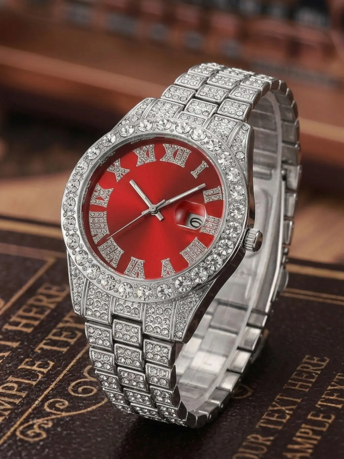 Men's Silver Color Quartz Watch, Dial, Stainless Steel Band, Full Diamond Bezel, Roman Numerals, Calendar, Fashionable and Elegant