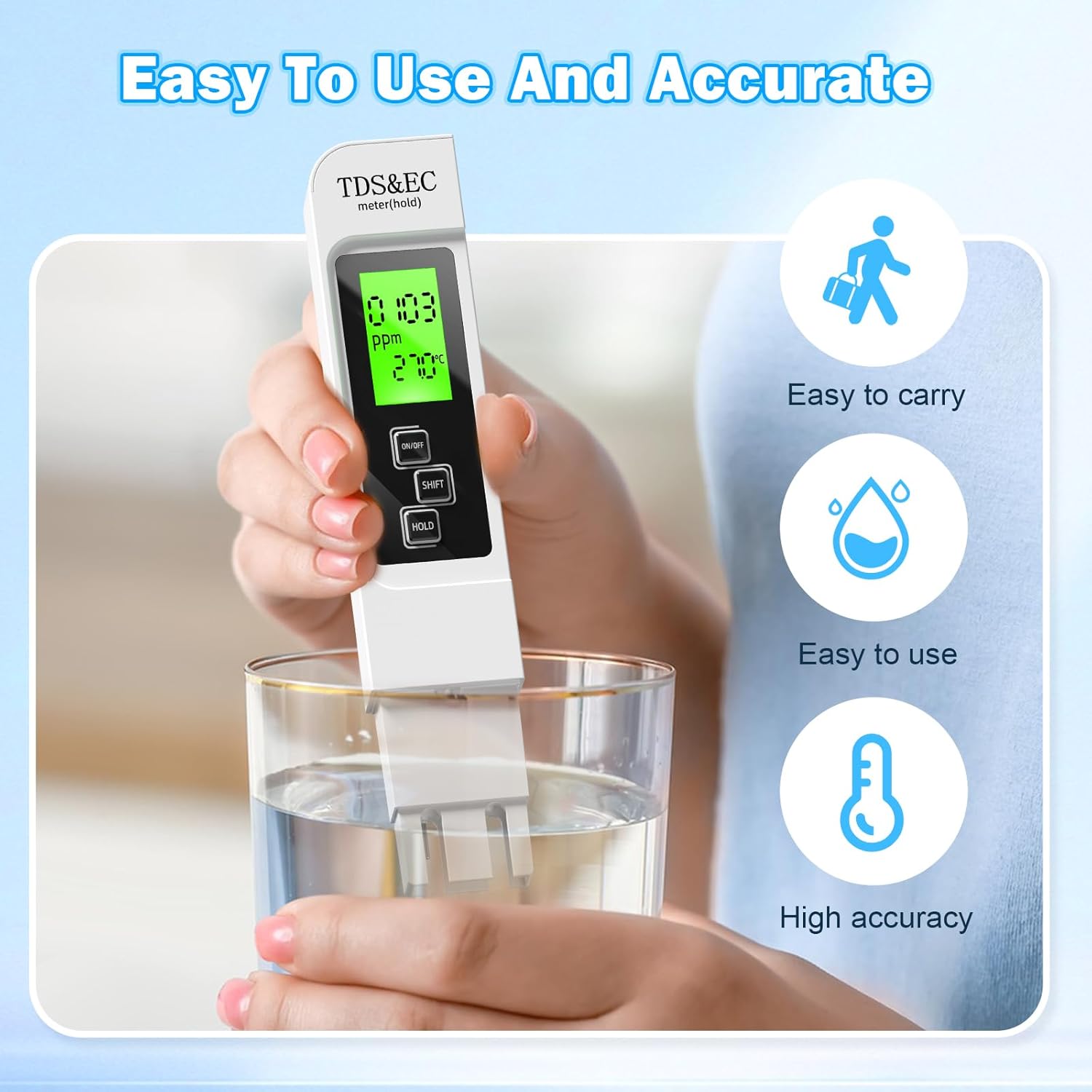 3 in 1 Water Quality Tester, Automatic Closing Digital Water Quality Tester with Water Quality TDS/Conductivity EC/Temperature Value Display