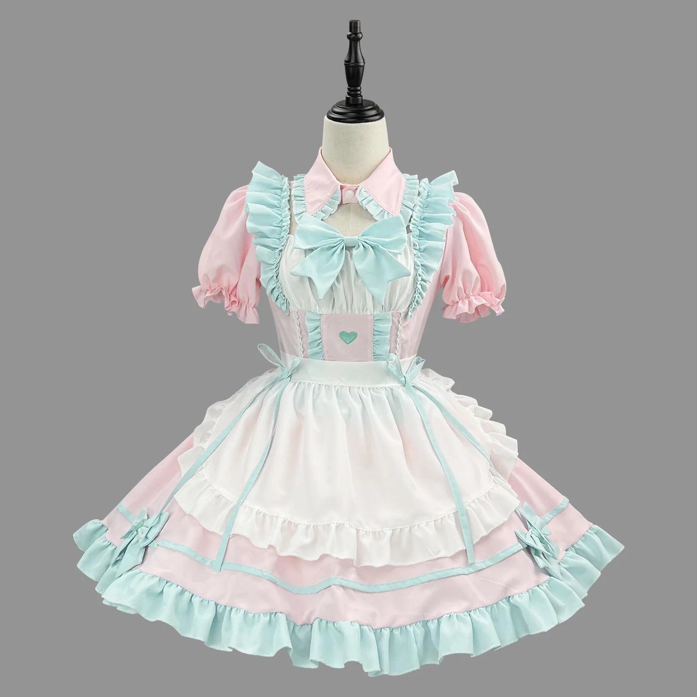 Anime S-5XL Sweet Cute Lolita Maid Dress Cosplay Costume Pink Blue Girl Woman Maid Dress Party Coffee Shop Costumes Rainbow Girl