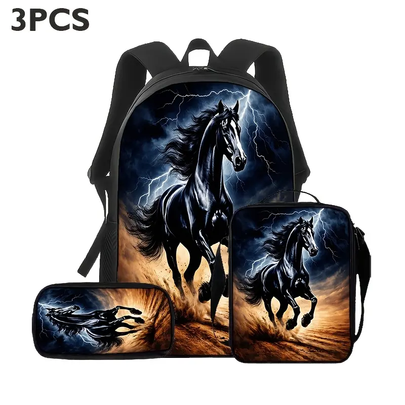 Black Horse Lightning 3-Piece Backpack Set, Galloping Stallion School Bookbag with Matching Lunch Bag and Pencil Case, Equestrian Backpack for Kids Teens, Travel Gift, Riding Daypack Gift Idea