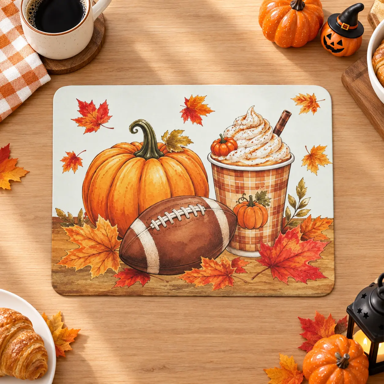 Watercolor Fall Rugby Pumpkin Coffee‑Cup Print Absorbent Coffee Mat, Harvest Season Kitchen Countertop Dish Drying Mat