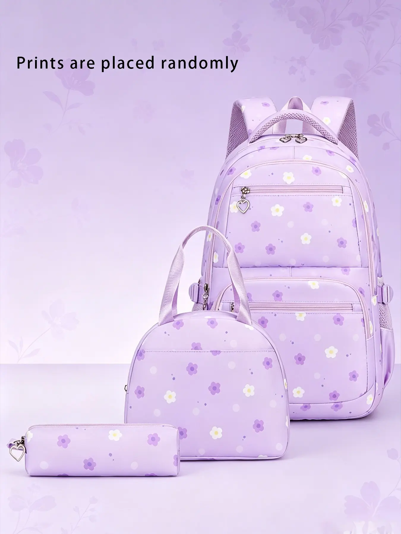 3pcs Big Size 3 In 1 Floral Backpack Kit, Sweet Light Purple Floral Pattern Student Backpack with Matching Lunch Bag and Pen Bag, Multi Zipper Pockets Casual Daypack for Daily School Life