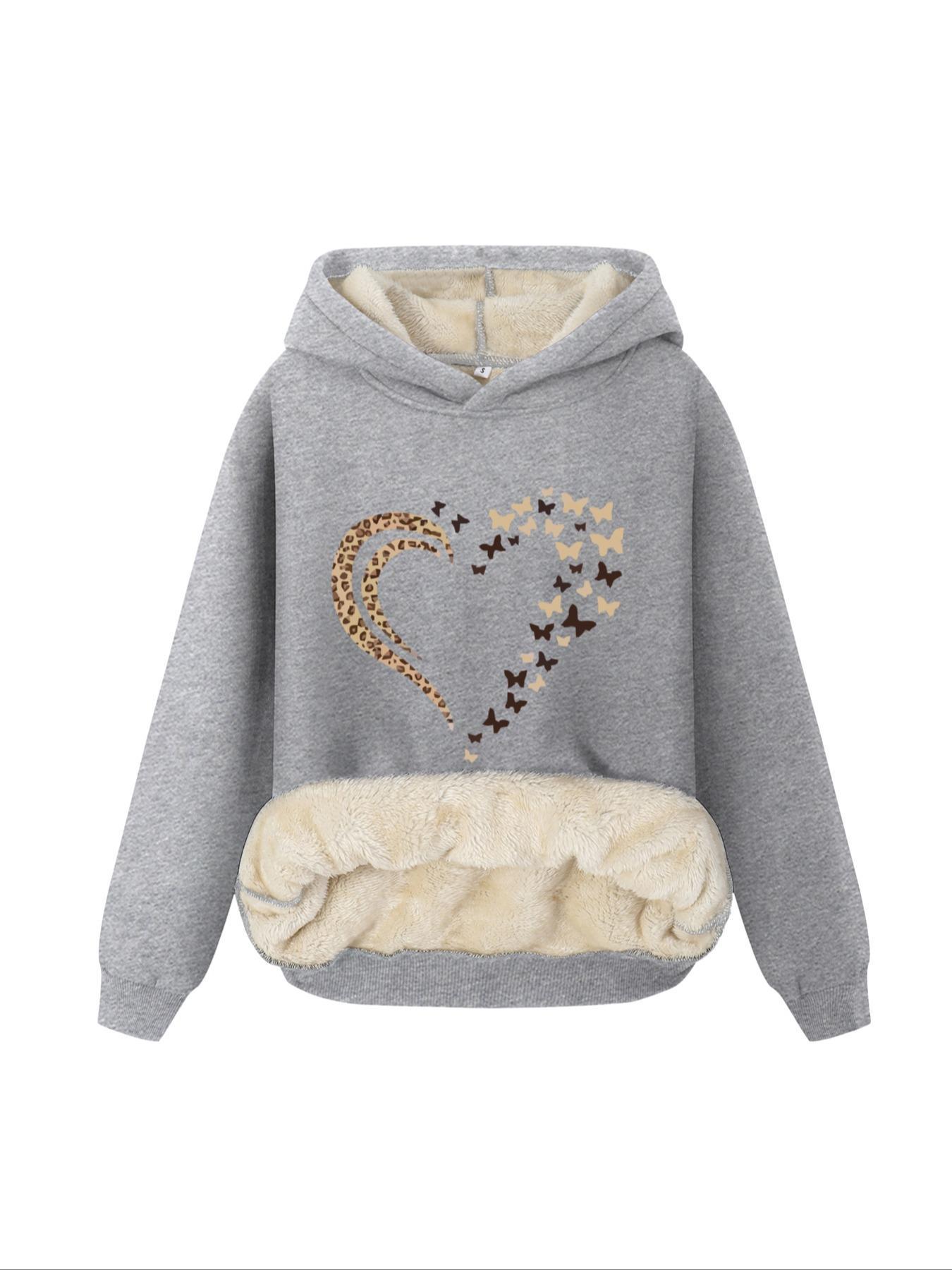 Women's Butterfly & Heart Print Plush Lined Hoodie, Casual Long Sleeve Hooded Sweatshirt for Fall & Winter,  Hoodies for Women, Women's Clothes for Daily Wear