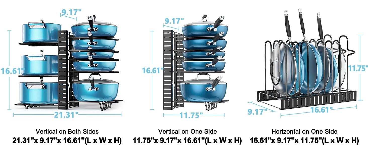 Pots and Pans Organizer for Cabinet 16.61 Height, 8 Tier Pot Organizers Rack with 3 DIY Methods, Adjustable Pan Organizer under Cabinet Kitchen Organization and Storage