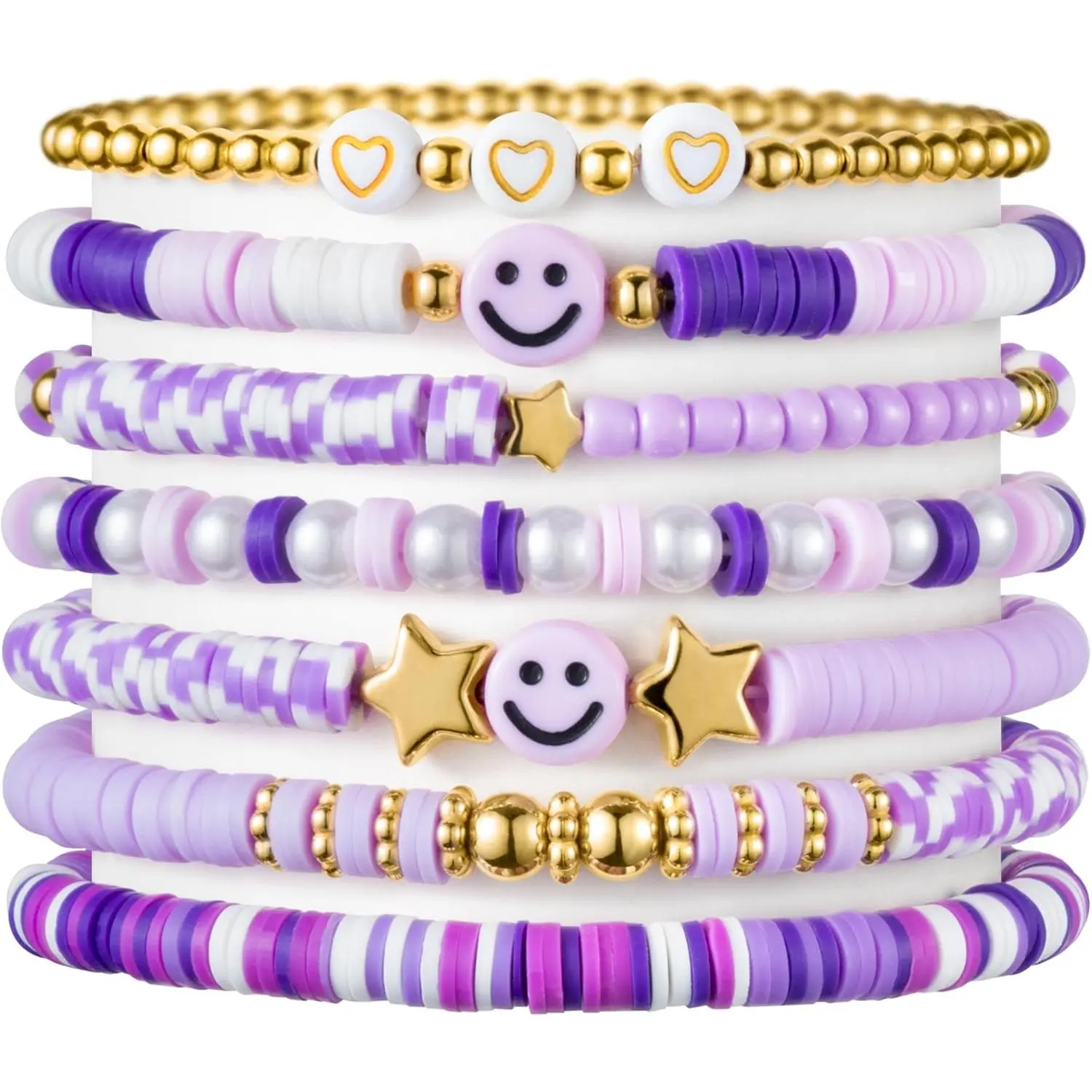 7 count Preppy Heishi Bracelets for Women Girls - Surfer Bracelets Polymer Clay Stackable Disc Summer Beach Y2K Stretch Birthday