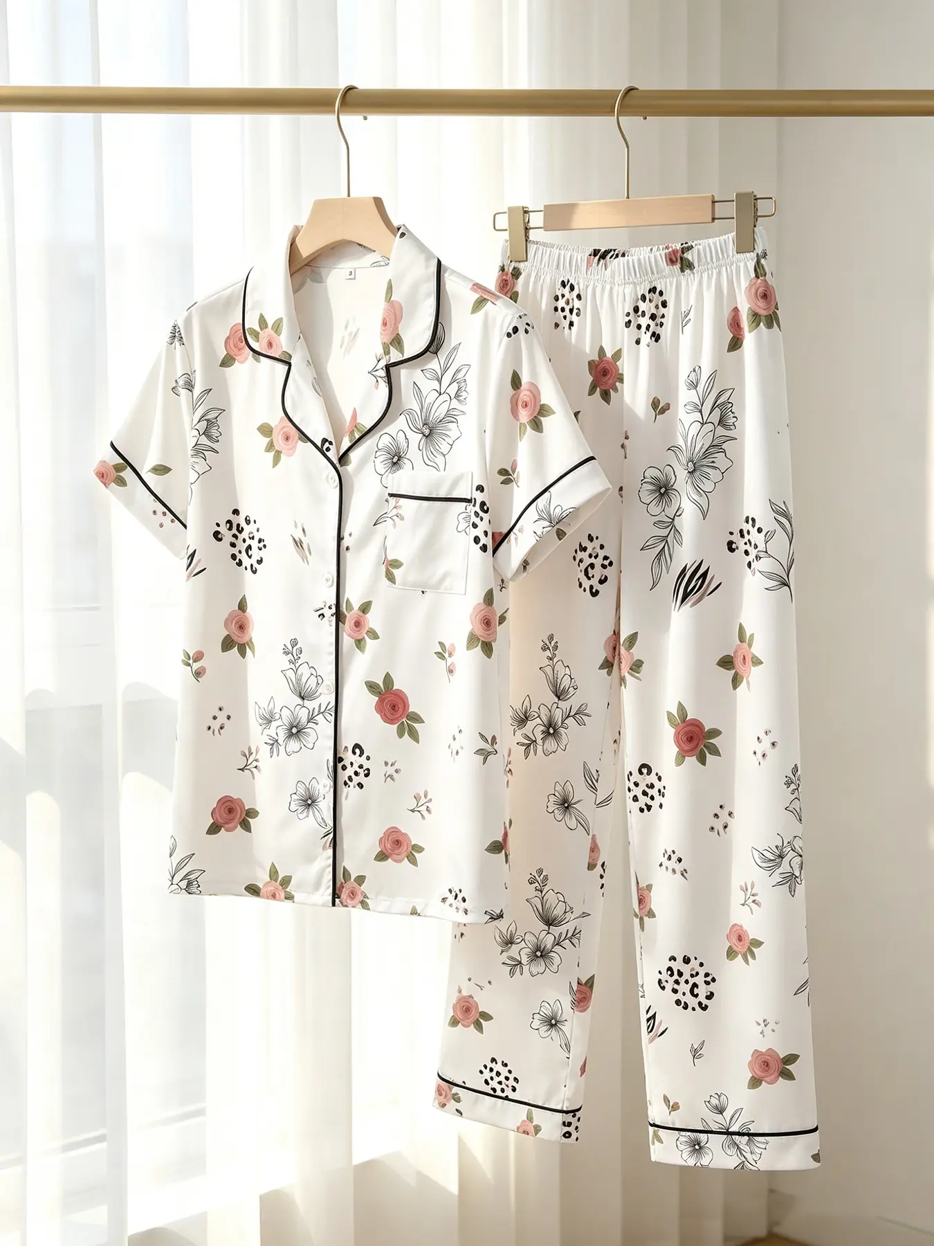 Women's 2-Piece Button Pajama Set, French Pink Rose Floral Print, Classic Collar, All Season Wear, Comfortable, Photogenic Minimalist Floral Casual Loungewear