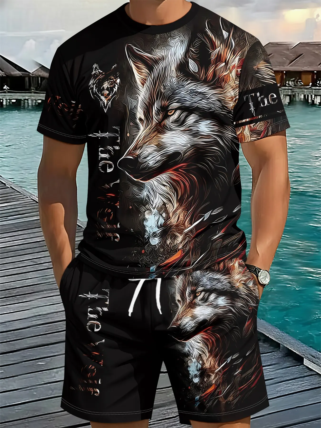 Men's 3D Digital Printed Two-Piece Set with Full Dark Night Wolf Pattern, 2Pcs, Trendy and Fashionable Set, Trendy Retro Casual Two-Piece Set, Vacation Style Trendy Outfit, Breathable Sporty Casual Style, a Perfect Holiday Gift for Men