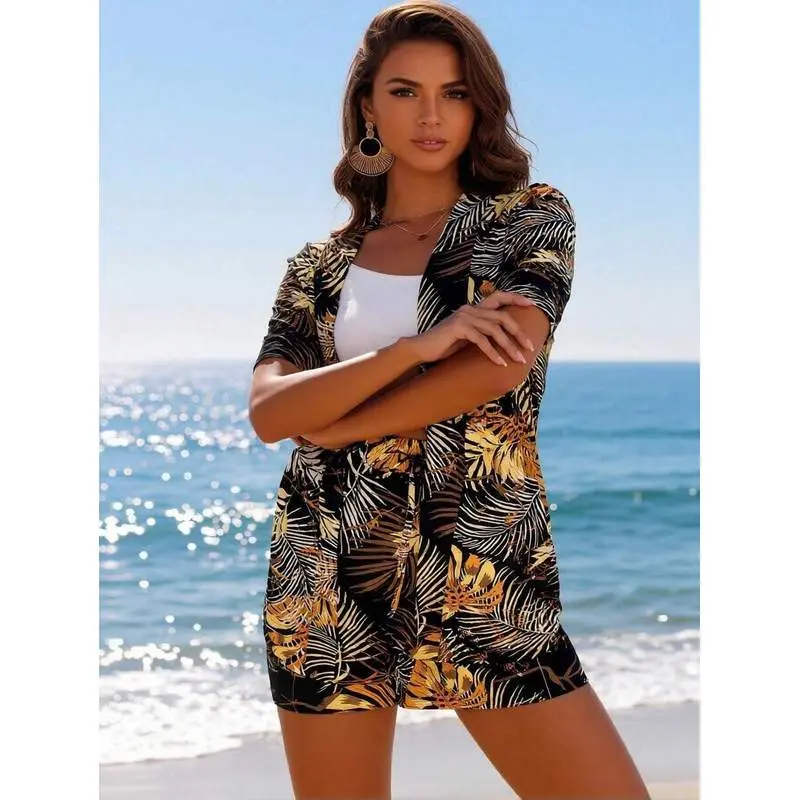 Women's Casual Playsuit in a Multicolor Boho Tropical Print, Short Sleeve Short Jumpsuit with a Drawstring Waist in Knitted Fabric, Bottom, Piece, Knit Fabric, Plant Motifs, Elastic Stretch