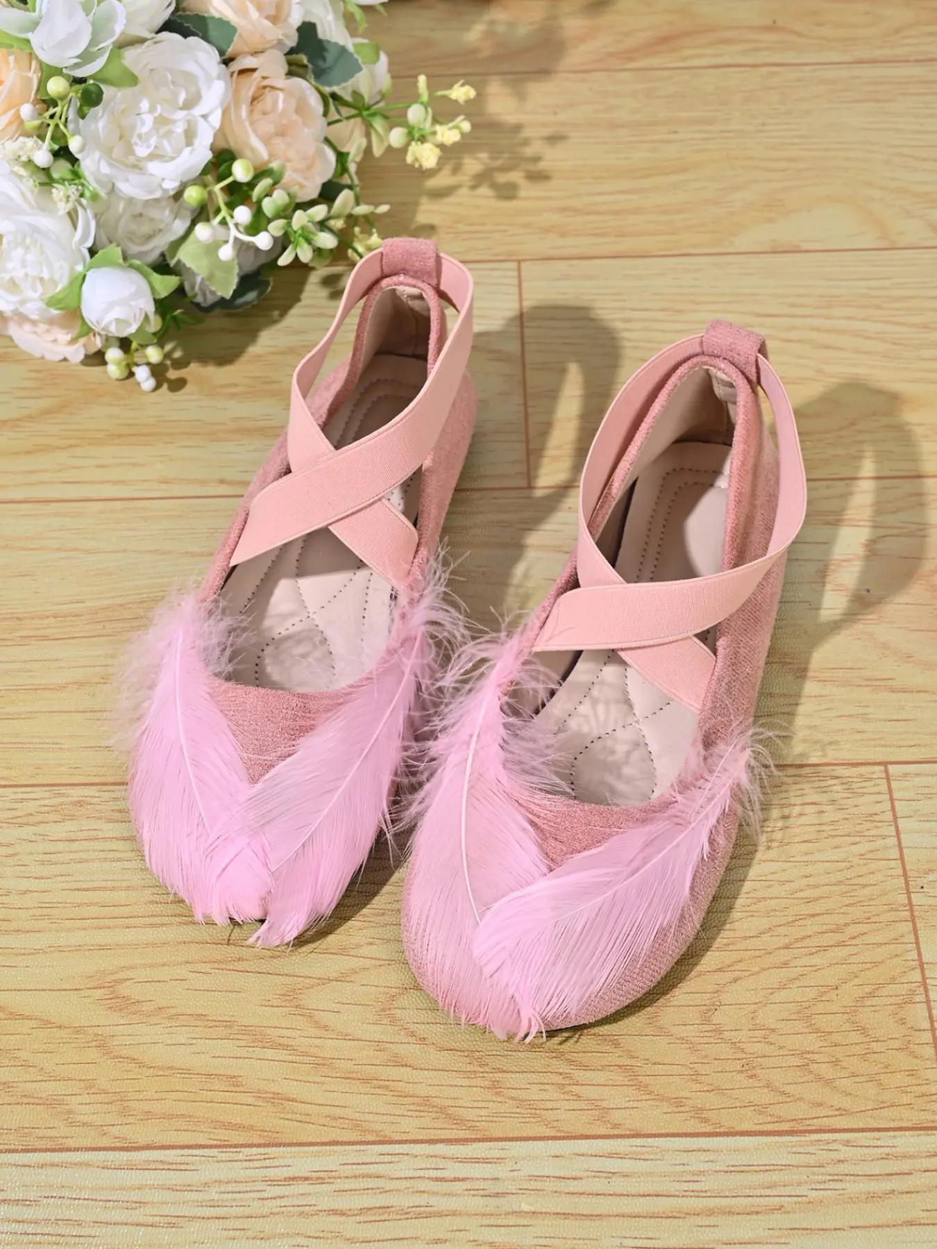 Women's Feather Decor Cross Strap Round Toe Flat Shoes, New Chinese Style Dance Fashion, Casual All-Season Ballet Flats
