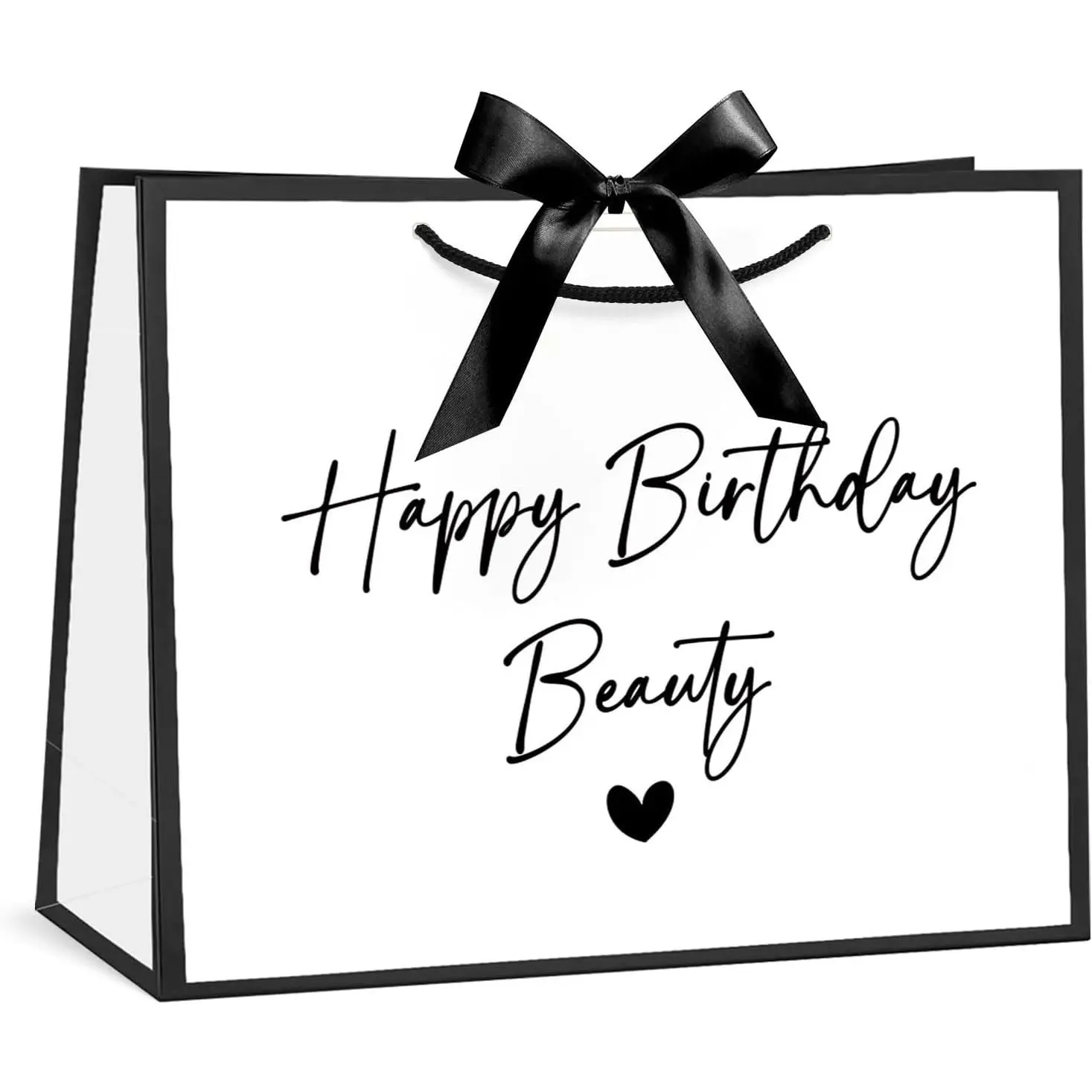 13" Large Birthday  Bag, White & Black Happy Birthday Beauty Elegant Script Design Party Bag with Bow Ribbon for Girls, Women, Wife, Girlfriend, Party , 13" x 5" x 10", 1 count