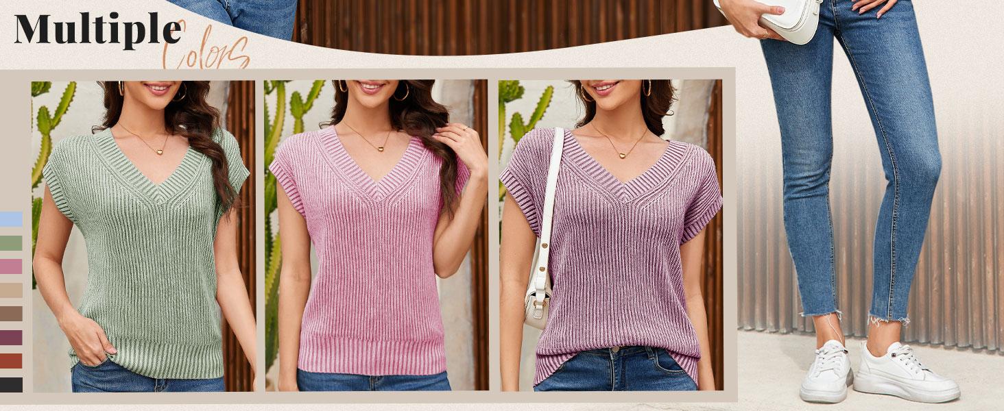 Saodimallsu Womens V Neck Short Sleeve Sweater Summer Lightweight Cap Sleeve Casual Loose Knit Pullover Tank Tops Knitwear