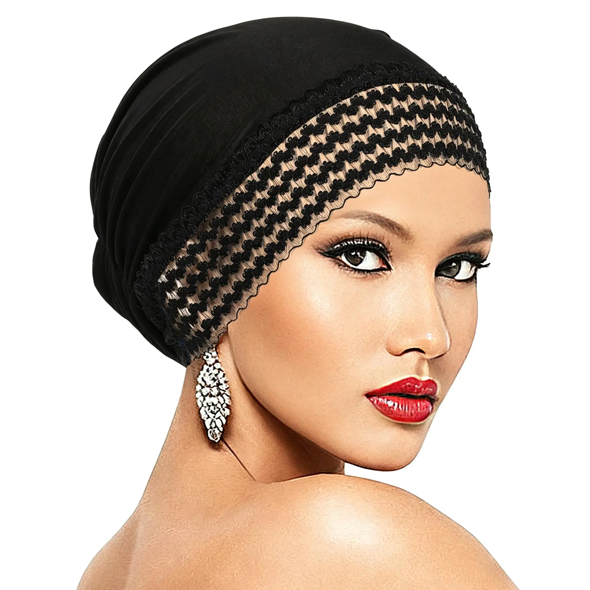 Lace Trim Stretchy Turban Hat for Women, Soft High Elastic Minimalist Head Wrap Cap, Fashion Breathable Hair Cover Bonnet for Daily Wear, Sleep, Hair Care & Outdoor Use