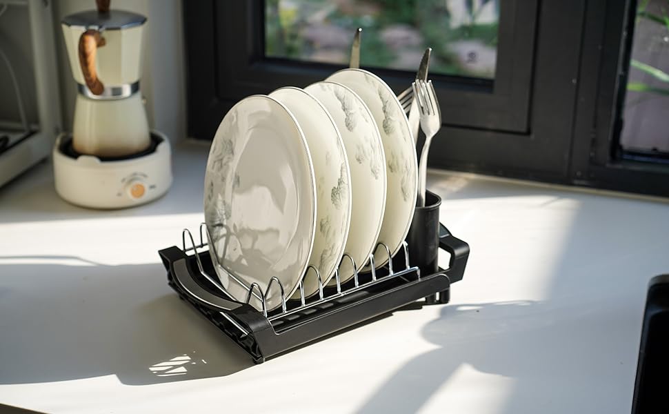 Over The Sink Dish Drying Rack, Adjustable Expandable Kitchen Sink Organizer (11.42-19.9 Inch), Heavy Duty Metal Dish Drainer with Utensil Holder, Space Saving, Black