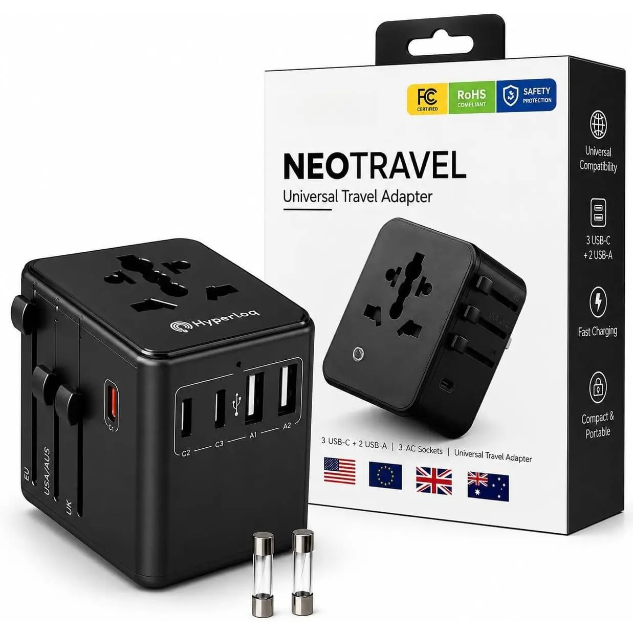 Neo  Travel Adapter – 70W PD  , 3 USB-C & 2 USB-A Ports – -in- International Power Adapter for 200+ Countries –  EU UK AUS – for , MacBook.