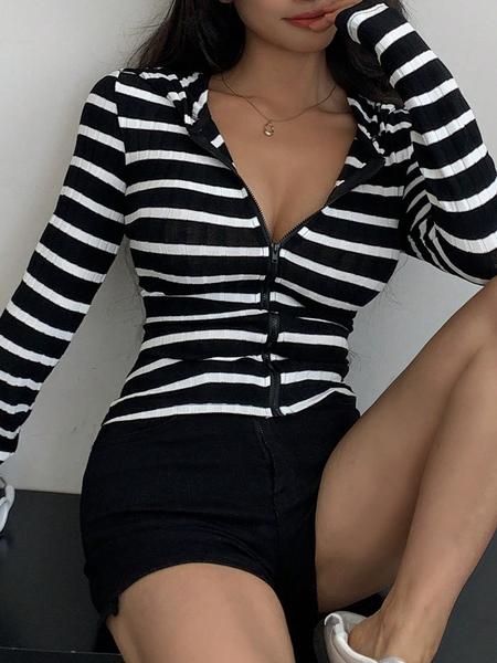 Women's Simple Striped Zipper Hoodie, Casual Daily Wear, Comfortable and Stylish, Perfect for Spring & Fall Seasons