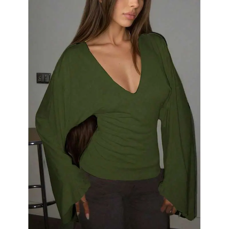 ASANDY Women's Deep V-Neck Long Sleeve Ruched Waist Batwing Sleeve Fitted Pullover Blouse, All Seasons Casual Athleisure Streetwear Knit Top, Machine Washable, Cute, Polyester, Fitted Waist, Slim-Fitting