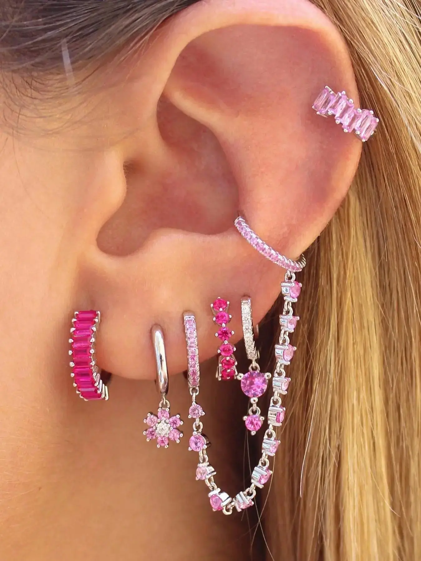 1PC6Pcs Lovely 24K Gold Plated Cubic Zirconia Chain Earrings Set For Women Pink Zircon Chain Hoop Earrings Pack Flower Drop Dangle Earrings Stack Fashion Jewelry Gift Earring Stacking Set