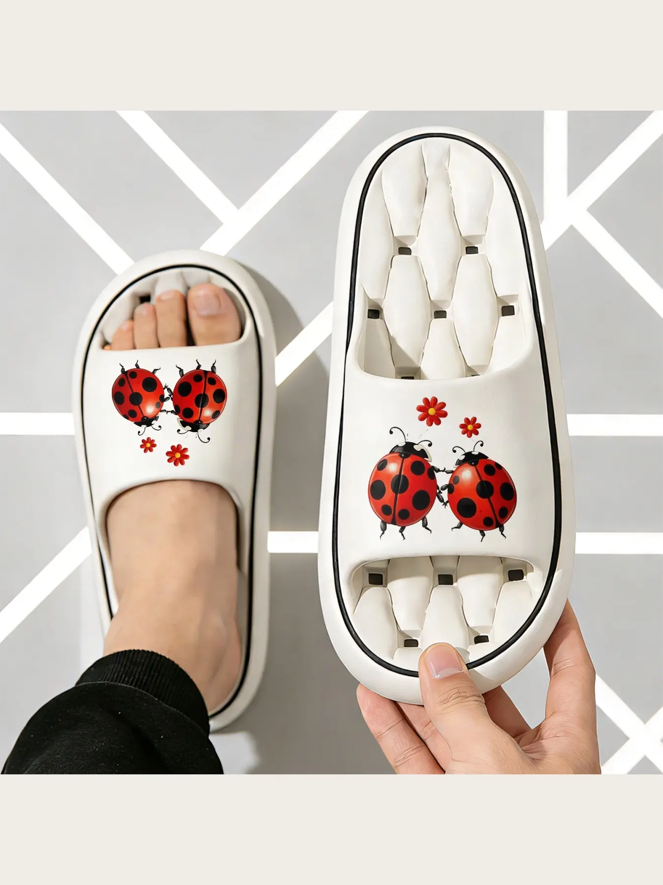 Cute Ladybug Pattern Slippers for Women Men Kids Soft Comfortable Home Indoor Non-slip Sole Cartoon Insect Red Black Flower Print Cozy Lightweight House Shoes Spring Summer Casual Daily Wear