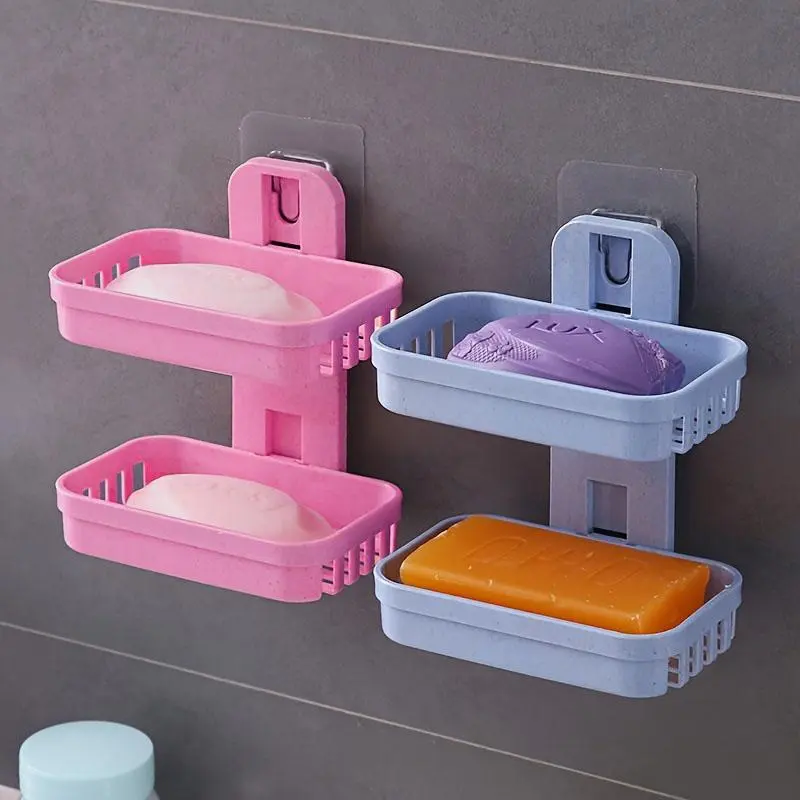 Double-layer soap box with bottom drainage rack - Wall-mounted bathroom storage rack, suitable for toiletries and shampoo, Plastic Soap Dish
