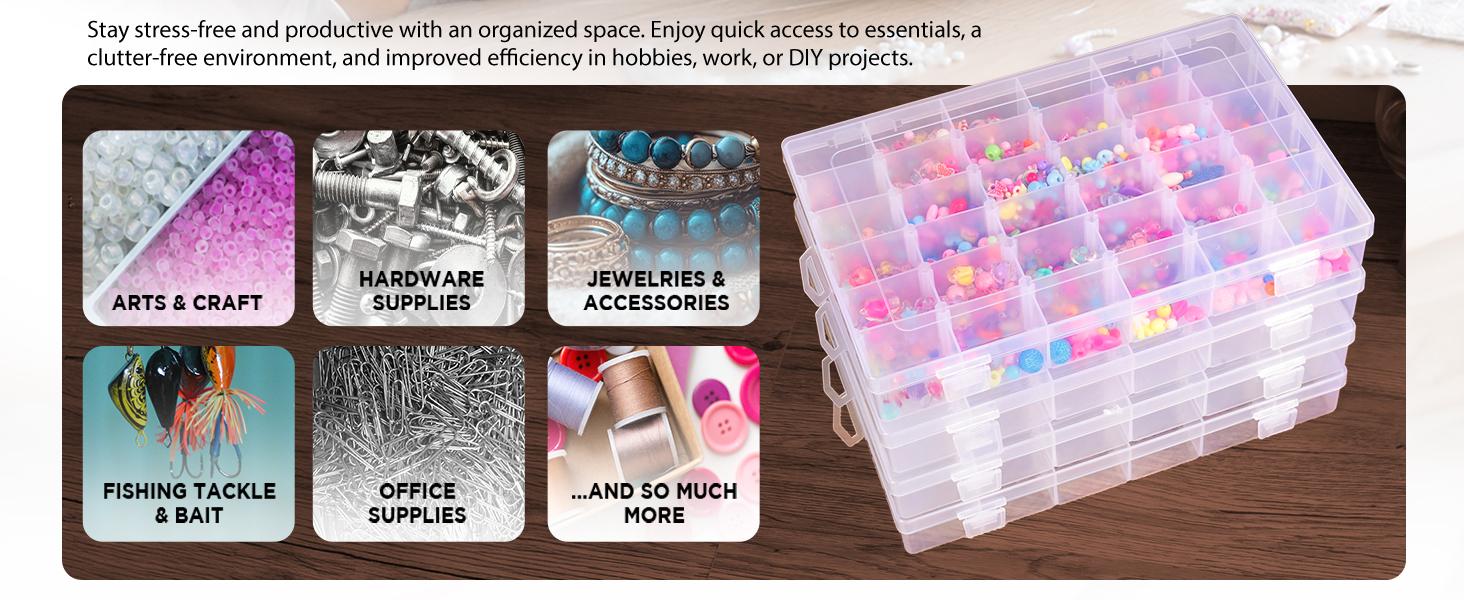 4pack 36 Grids Plastic Clear Organizer Box Bead Storage Containers with Adjustable Dividers for Craft Jewelry Fishing Tackles Parts Storage with 4 Sheets Label Stickers