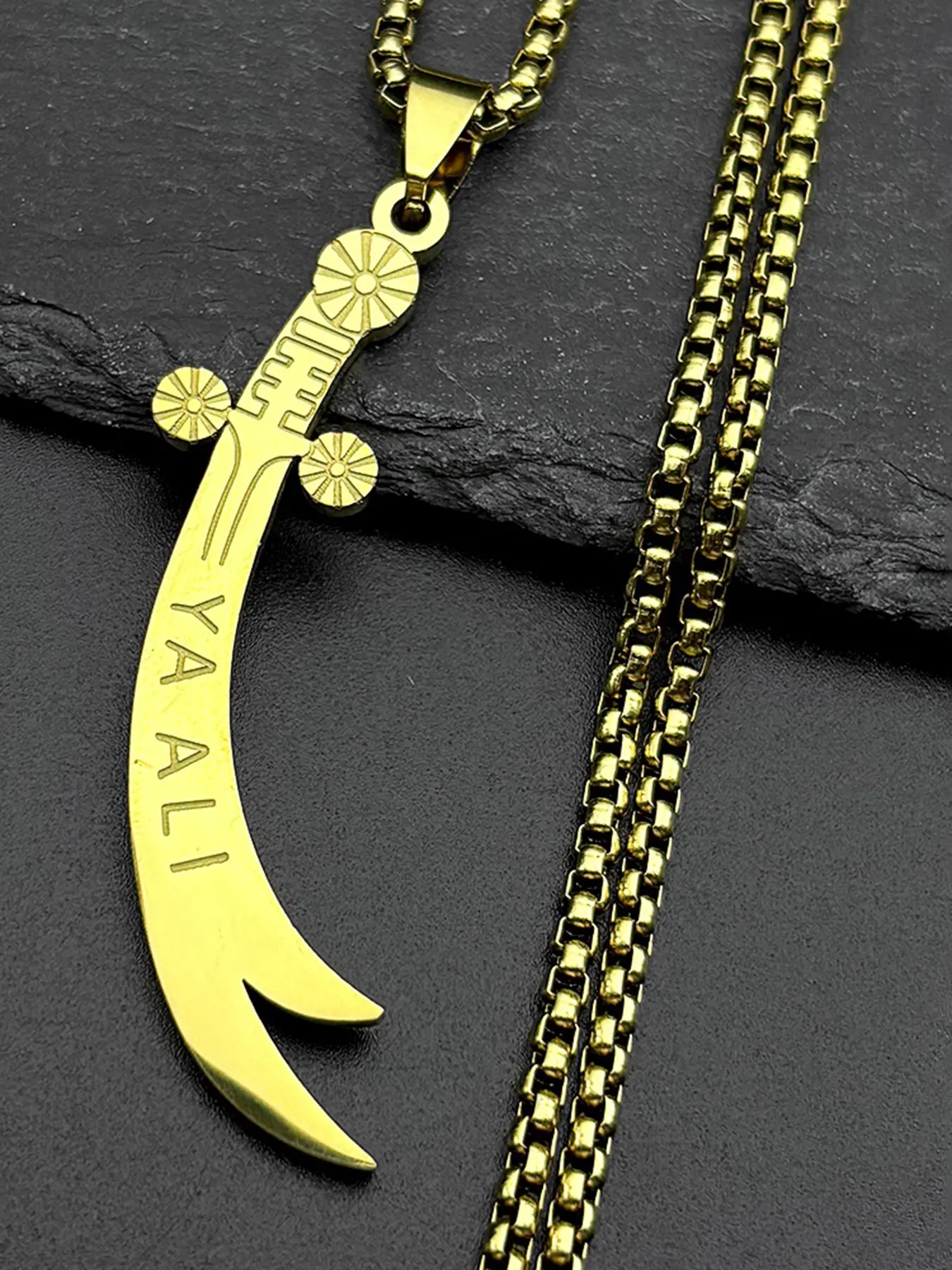 YA ALI Islamic Imam Ali Zulfiqar Sword Faith Pendant Necklace for Women Men Stainless Steel Gold Color Amulet Arabic Chain Religious Symbol Jewelry