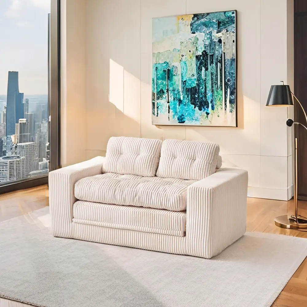 Loveseat Sofa Bed with Memory Foam Mattress & Steel Frame, No Assembly Convertible Sleeper Sofa, 2-in-1 Folding Couch with Soft Corduroy Fabric, Compact Space Saving Sofa for Small Apartments, Bedroom, Living Room, Home Office, Guest Room, Beige