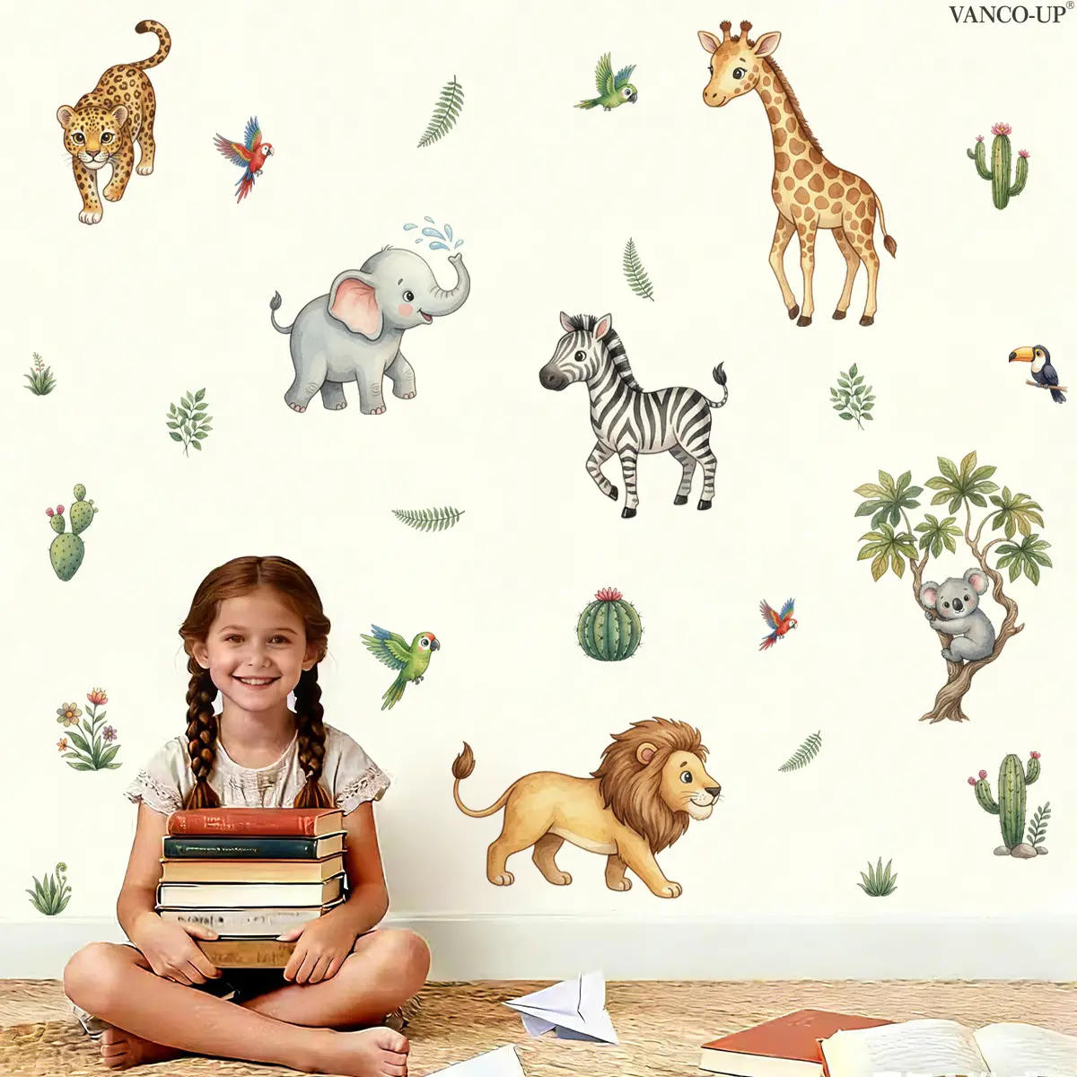 2Pcs Set (3090cm2pcs) Cute Jungle Wild Animal Illustration Self-Adhesive Wall Stickers with Leopard, Zebra, Parrot & Cactus, Fresh Decor Decals, Nursery Wall Decor for Kids Bedroom