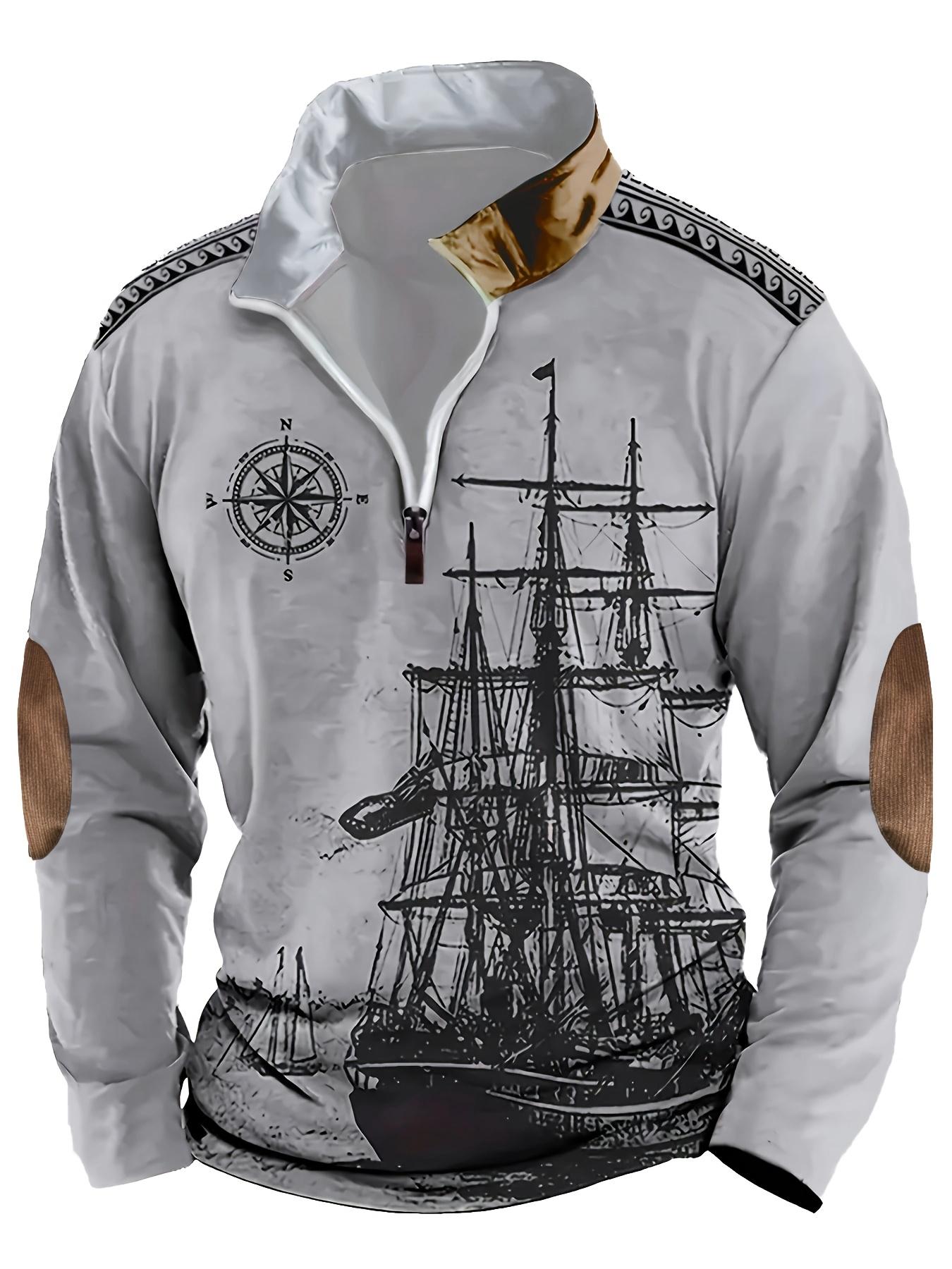 Autumn and winter vintage style sailboat print men's casual and comfortable long sleeved polo shirt Streetwear Collared Menswear