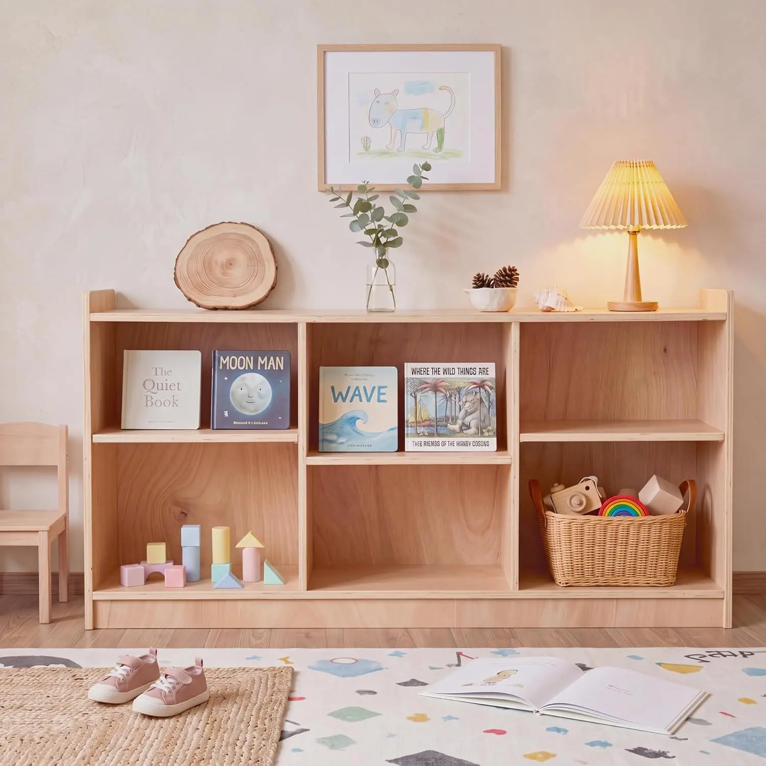 Gaomon Montessori 6-Section Wooden Storage Cabinet - High-Density Mahogany Plywood Kids' Bookcase with 2 Shelves, Movable Panels, Natural Grain, Single Unit for Classroom, Playroom