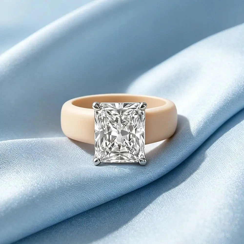 Fashionable beige square CZ silicone ring, soft elastic rubber, sports wedding ring, women's casual daily wear ring