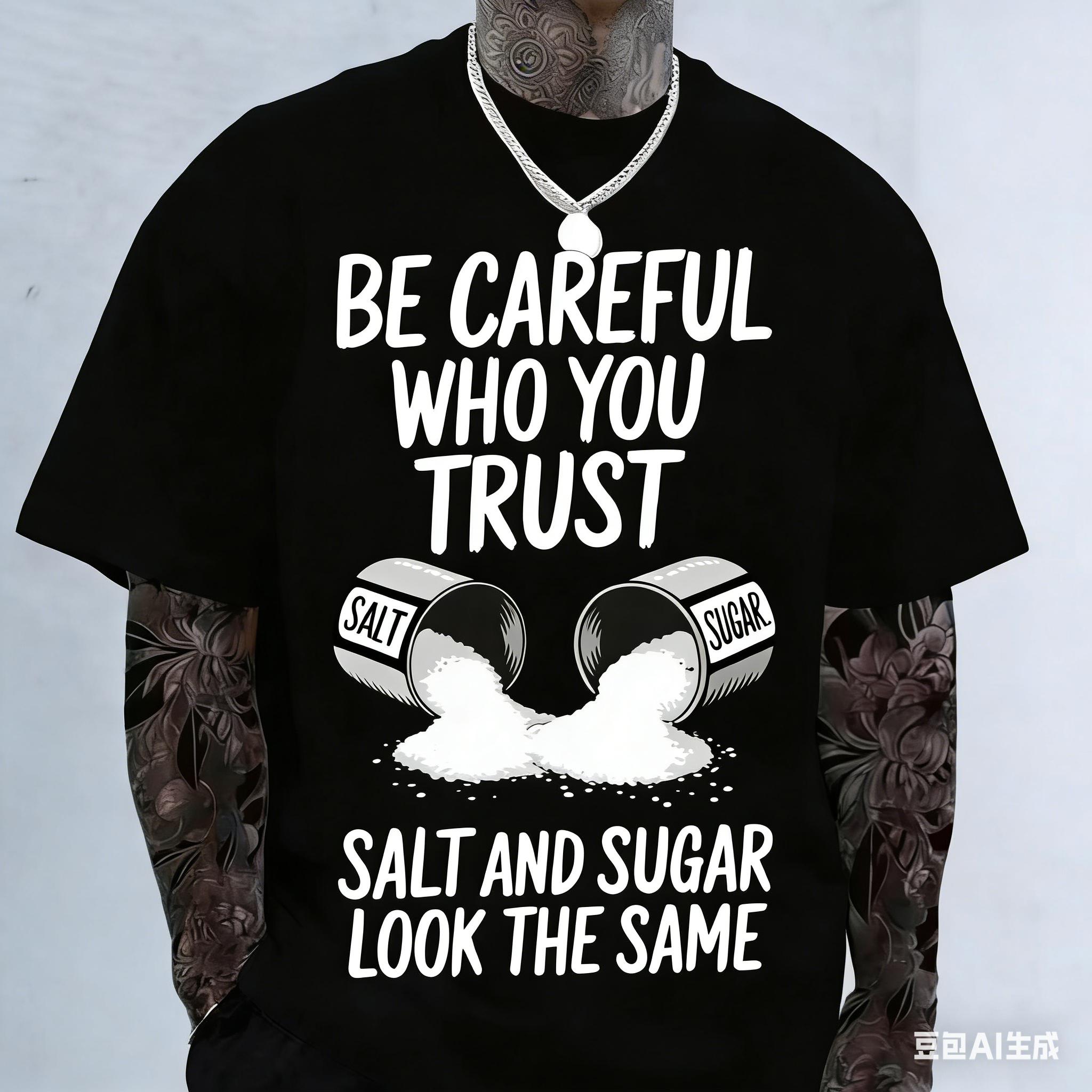 Black "Be Careful Who You Trust, Salt & Sugar Look The Same" Graphic T-Shirt - Unisex Casual Crew Neck Short Sleeve Tee, Soft Cotton, Breathable & Comfortable Loose Fit Top