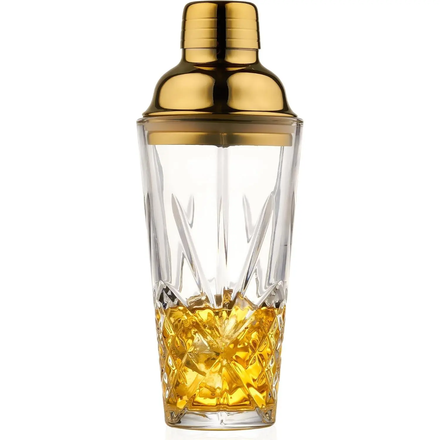 15oz Gold Lid Crystal Cocktail Shaker, Lead-Free Glass with #304 Steel Strainer,Dishwasher Safe,Fit the Coffee Table Decor, Wedding Favors and any Bar Cabinet.(Leak-Proof)