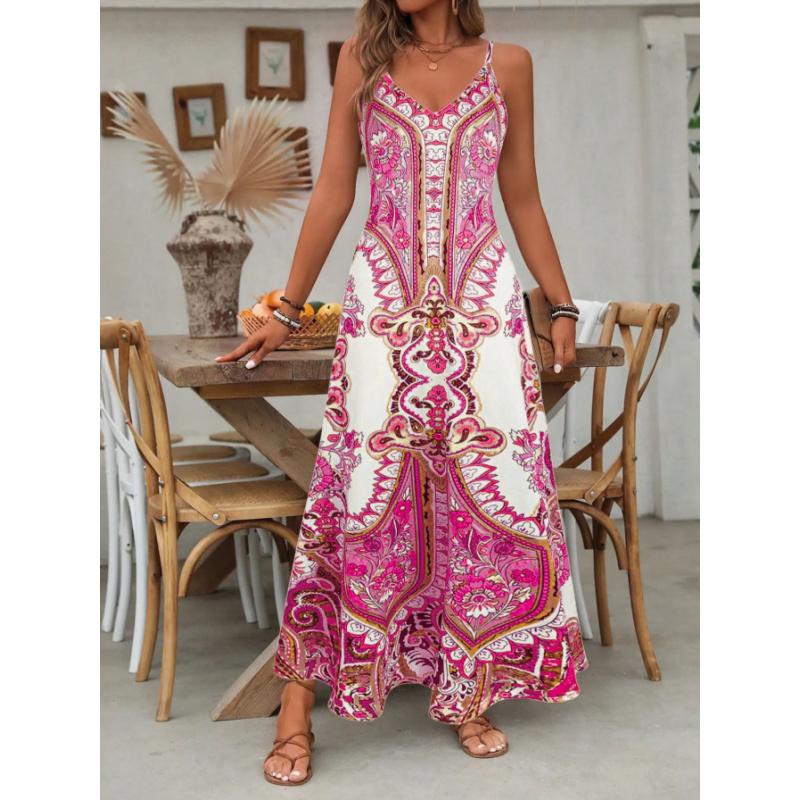 Women's Summer Vintage China Print Casual Long Dress – Loose Beach Cover-Up, Adjustable Spaghetti Strap Flowy Artistic Sundress