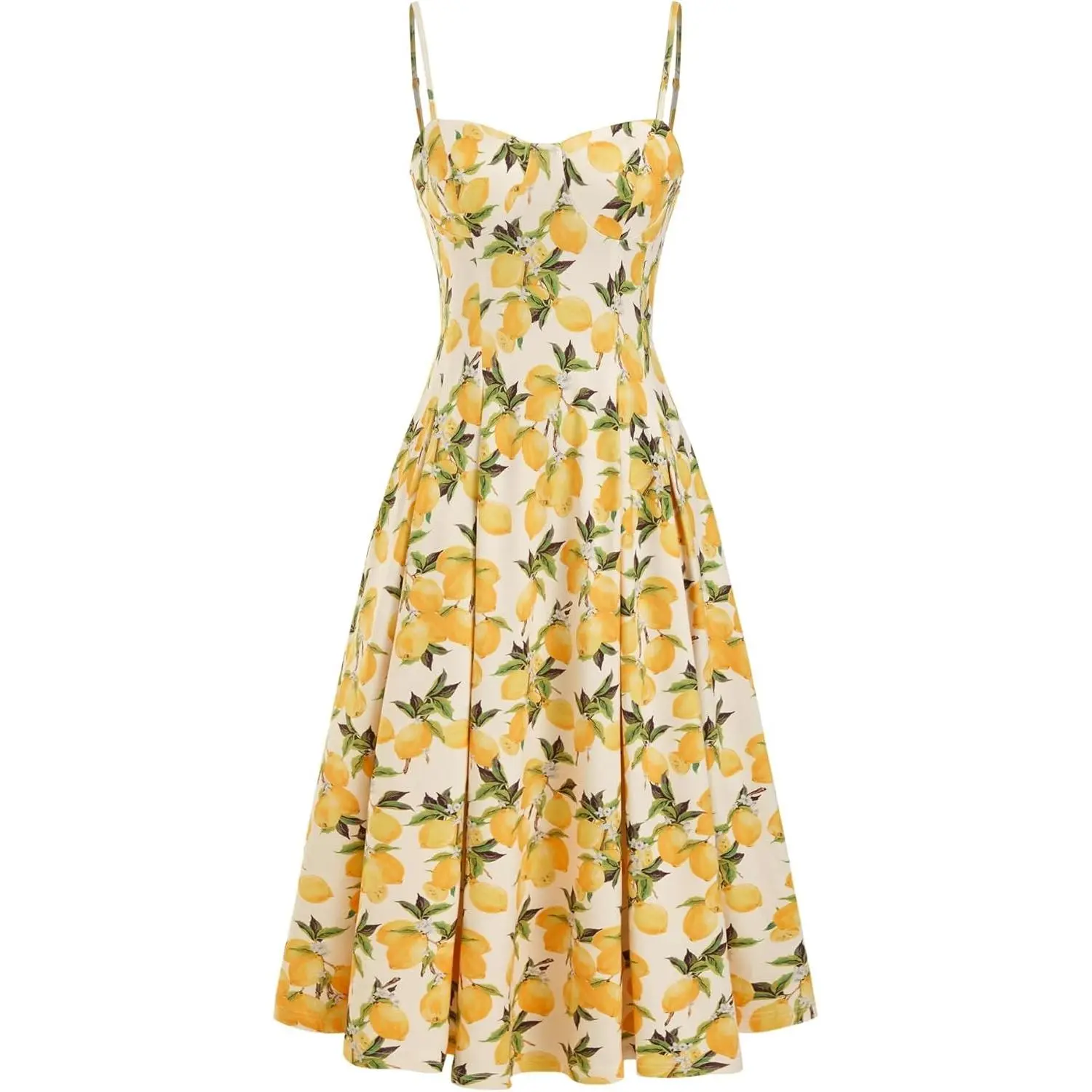 Women's Aesthetic Lemon Print Maxi Dress, Casual A-Line Square Neck Sleeveless Sun Dress with Adjustable Straps for Vacation & Beach, Lightweight, Elegant