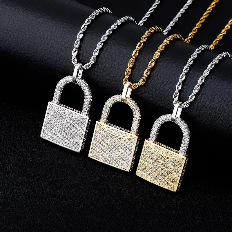 Men's Personalized Lock Pendant Necklace - Copper Base, Full Zircon Hip-Hop Lock Design, Costume Jewelry Accessory in Necklace Form