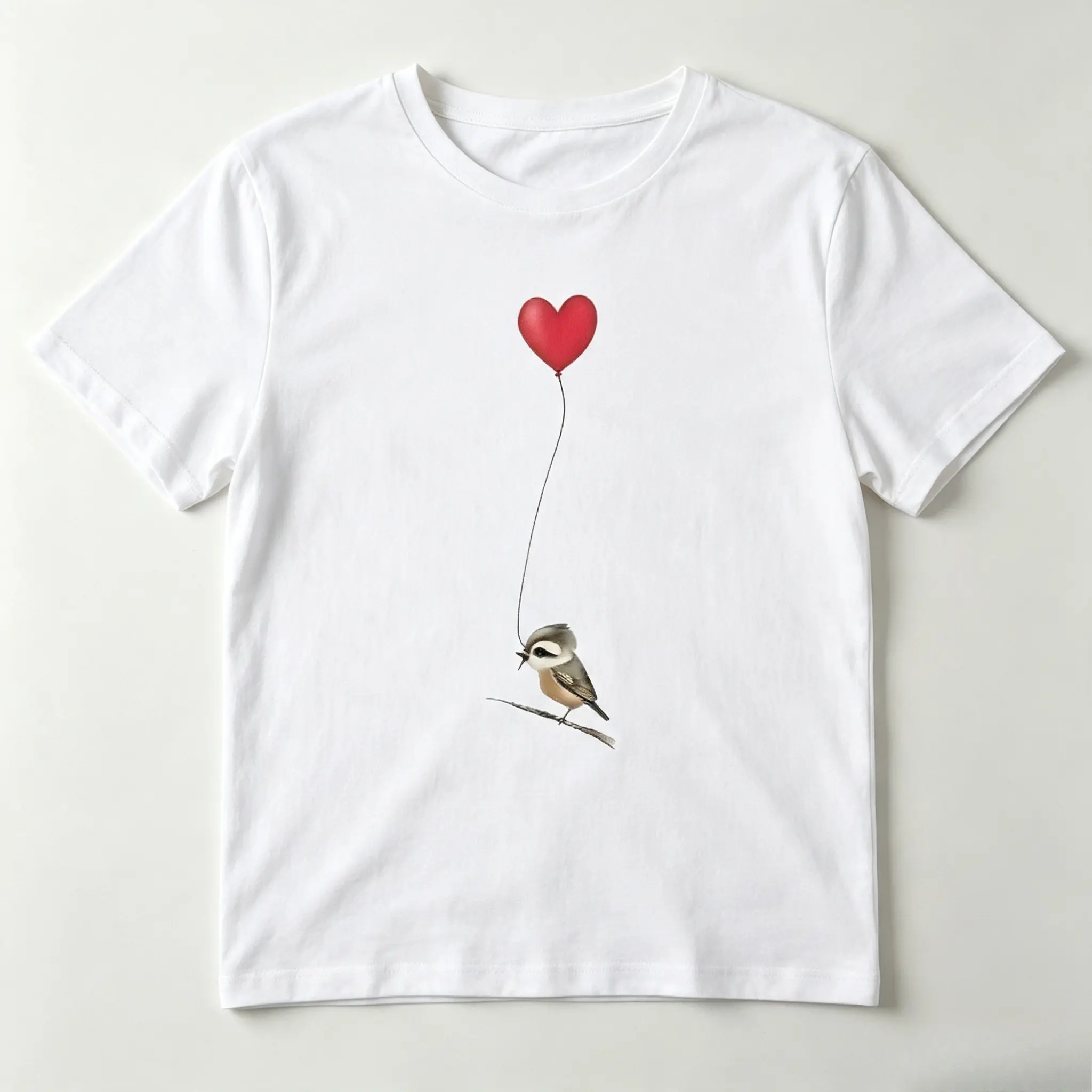 Cute Little Bird With Red Heart Balloon Graphic Cotton T-Shirt, Oversized Comfort Fashion Outfit, Romantic Aesthetic Casual Top, Perfect Valentine’s Day Holiday Gift for Lovers, Family, Friends for Him Her